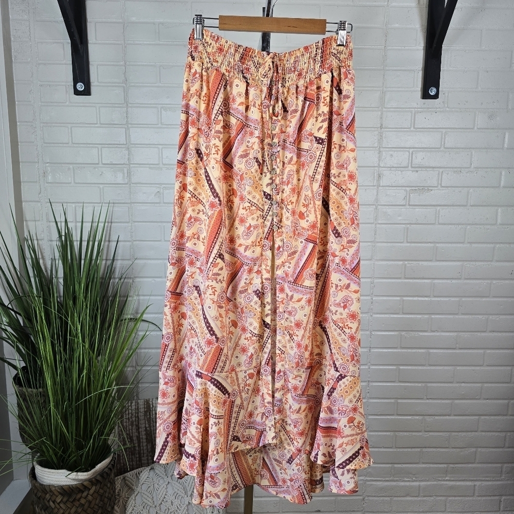 Willow and Root Floral Paisley Patchwork Print Maxi High Low Flutter Skirt Large - Picture 9 of 10
